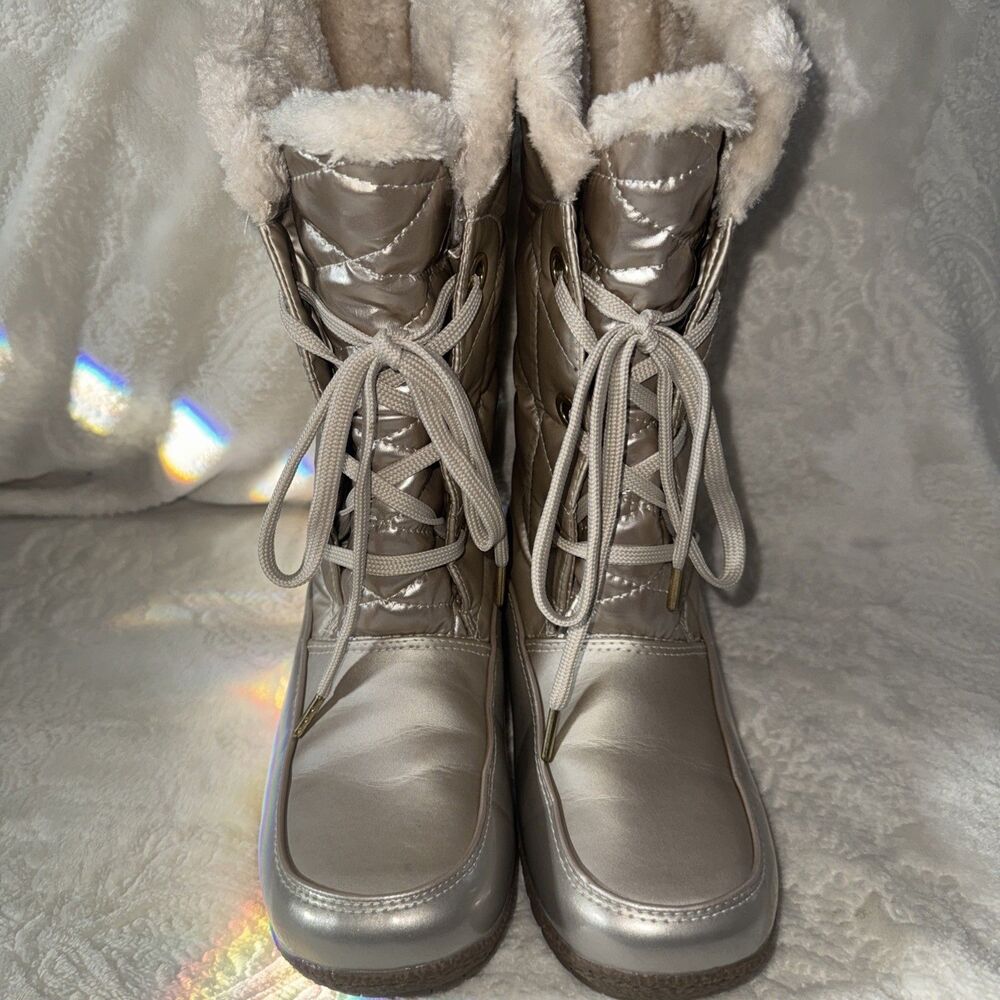 Taupe SPORTO Women's 7W Waterproof Mid-Calf Boot Faux Cream Fur Trim Lace Up Ski
